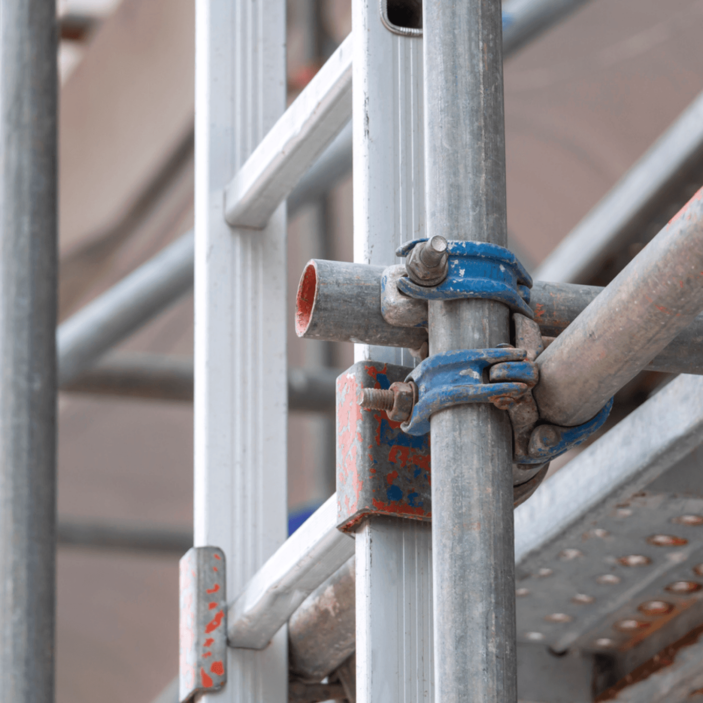 Close view of scaffolding platforms and access on a construction project