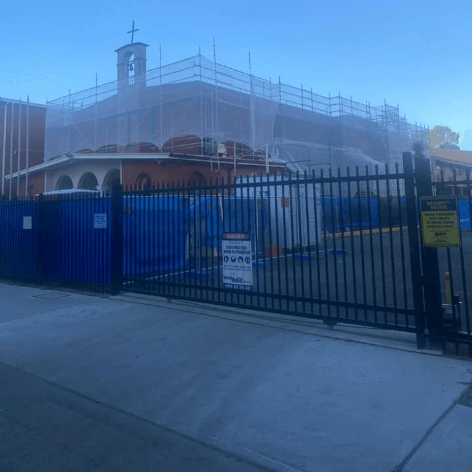 Scaffolding installed for remedial works at St Euphemia Church, Bankstown