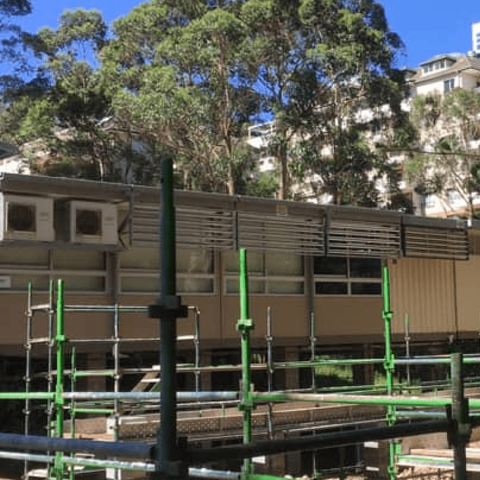 Wide view of scaffolding at the Chatswood education project